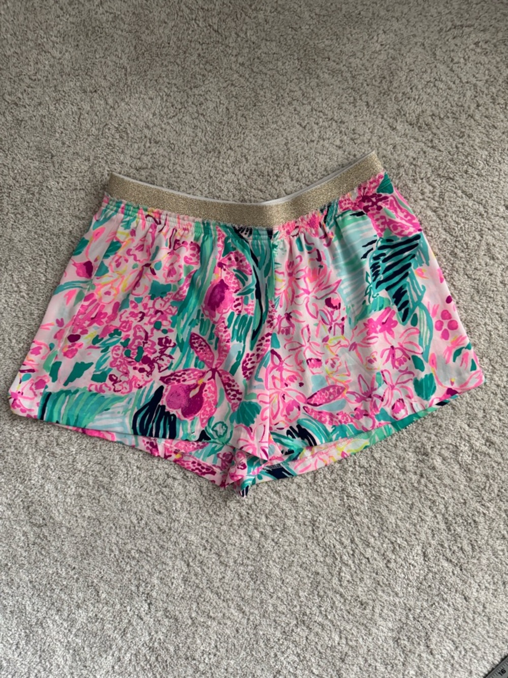 Lilly Pulitzer Pink and Turquoise Floral Pull On Shorts with Shimmery Waist